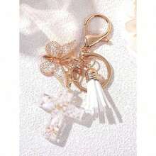 Resin Cross Keychain For Women Girls - 6 Styles With Butterfly Charm & Tassel, Embedded Pebbles, Glitter Heart & Purple Sequins (Mint Green/White/Pink/Purple) Fashion Jewelry Gift, Easter Baptism Party Favors Car Accessories Bag Charm School Cute Goth Y2k - 彩色 - 查看 5