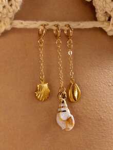 Set de 3 piezas de pendientes y broches de acero inoxidable con baño de oro de 18K con diseños de estrella de mar, pez y concha para la playa y vacaciones de moda - Dorado - Ver 2
