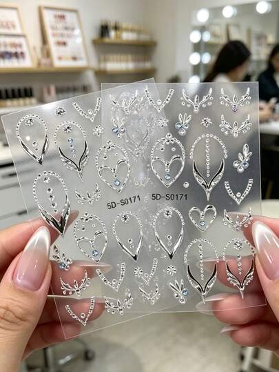 2Pcs 5D Rhinestone Nail Art Stickers Silvery Abstract Line & Heart Shaped Decals Self-Adhesive Luxury Gems Nail Decoration Sticker