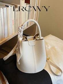 Women's Bucket Bag, Fashionable & Versatile Elegant Solid Color & Striped White Handbag With Scarf, Suitable For Shopping And Commuting, Includes Small Pouch - White - View 3