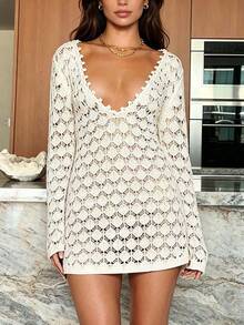 Vestido de Cubierta de Punto para Mujer Ajustado con Escote en V Profundo, Mangas Largas, Espalda Abierta y Lazos, Vestido de Traje de Baño para Playa o Fiesta en la Piscina - Blanco - Ver 4