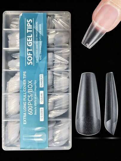 600 Pcs Full Cover Press-On Nail Tips, Stiletto, Almond, Square, Coffin, French False Nails, Removable Gel Extension Nail Tips, Capsule DIY Press-On Nail Supplies