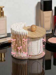 Mini Pink Bow Pattern 2In1 Bamboo Lid Plastic Storage Box, Desktop Makeup Storage Box With Double Round Holes, Suitable For Makeup Brushes, Beauty Tools Bag, Make Up Organizer, Vanity Accessories,Make Up Bags, Gift Ideas For Women(Product Is A Mini) - Multicolor - View 5