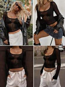 FLEXCHIC Elastic Sheer Long Sleeve Scoop Neck Fitted Casual Top Spring Black - Black - View 7