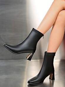 Brown Patchwork Ankle Boots For Women, High Heel Chunky Heel Back Zipper Square Toe, New Style Winter Korean Version Elastic Skinny Boots,Elegant - Black - View 7