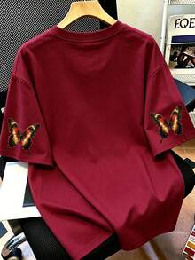 Women's Casual Rose Flower & Butterfly Print Round Neck Short Sleeve T-Shirt, Summer - Burgundy - View 3