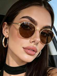 2pcs Summer Fashion Eyeglasses Set, Retro Oval Metal Frame Decorative Glasses, Unisex Street Style Casual Commute Accessory - 2 Round Gray-brown Pieces - View 3
