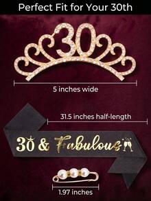 2 Peças Conjunto de Acessórios para o 30º Aniversário, Tiara de Cristal Dourada e Faixa Preta com Glitter e Alfinete de Pérola para Festa de 30 Anos Dela - Visão 9