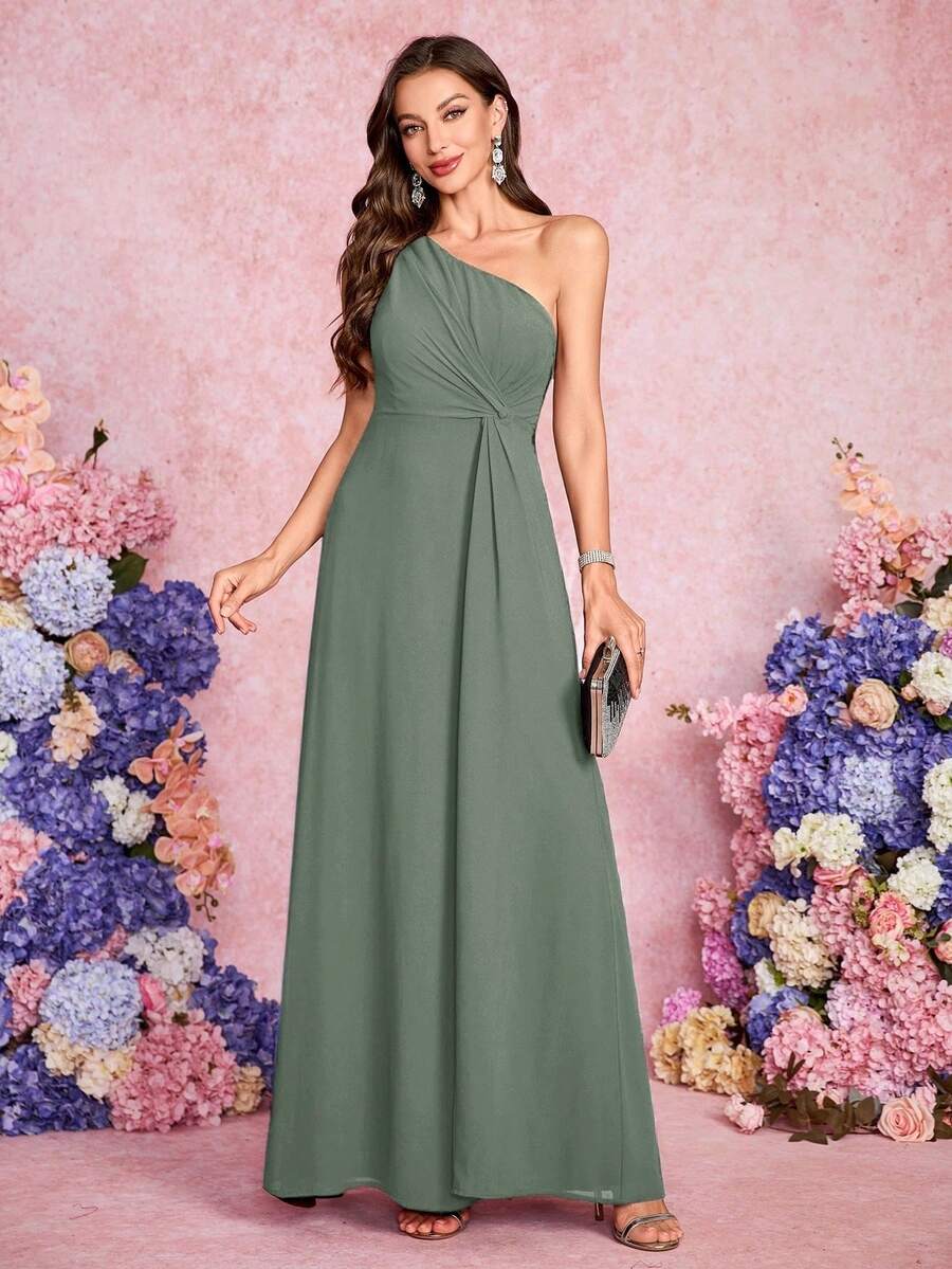 Volly Toych Vestido de dama de honor minimalista sin mangas color verde eucalipto con detalles de volantes, adecuado para vacaciones - eucalipto - Ver 1