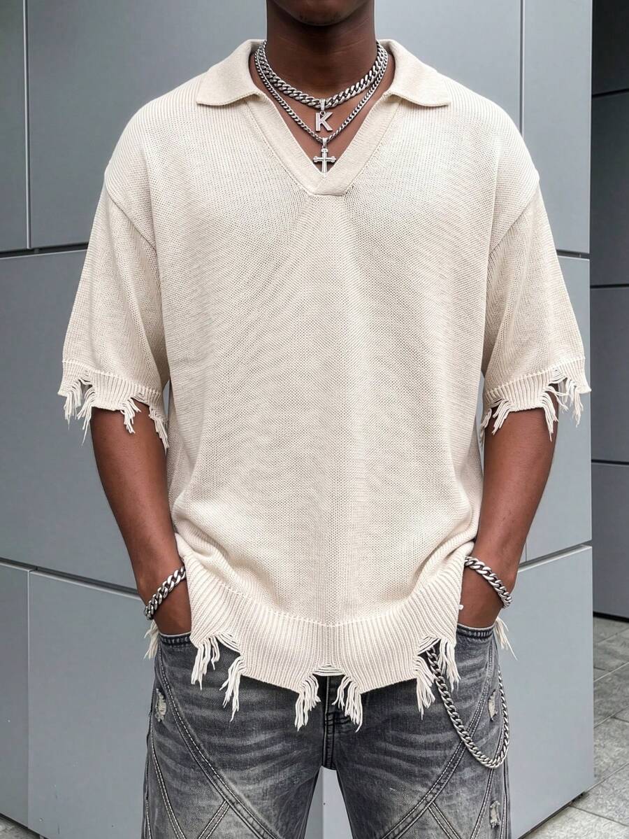 Casual Loose Ripped Fringe V-Neck Short Sleeve Knit Top, Neutral Street Style For Spring/Summer, Apricot - Apricot - View 1