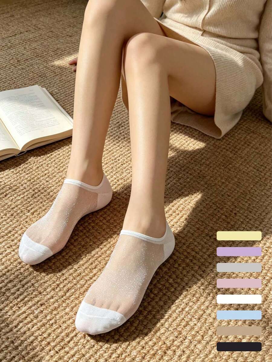 1/4/8 paires de chaussettes invisibles multicolores style dopamine avec fil d'argent pour femmes. Chaussettes d'été respirantes en maille, chaussettes basses antidérapantes, chaussettes fines scintillantes - Multicolore - Voir 1