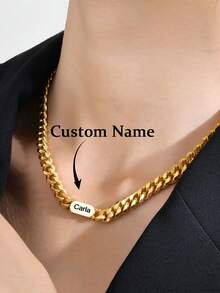 个性化定制名字项链，经典不锈钢粗链，弯曲定制刻字项链，个性化雕刻名字项链，男女皆宜的个性化名字项链，银色/金色颈链，情侣嘻哈音乐派对配饰 - 金色 - 查看 1