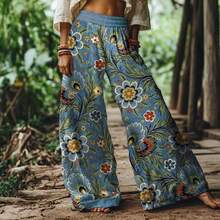 2026 Women's New Arrival  Blue Patchwork Floral Plaid Pastoral Style Wide-Leg Elastic Waist Casual Pants - 孔雀藍 - 查看 2