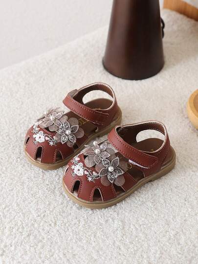 1 Pair Girls' Chinese Style Princess Sandals, Closed Toe Soft Bottom Summer New Shoes For Little Girls