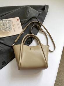Adjustable Shoulder Strap Handbag, PU Material, Solid Color, Open Top, Random Printed Pattern, Oil Edge Treatment, Perfect For Women's Daily Use - Khaki - View 12