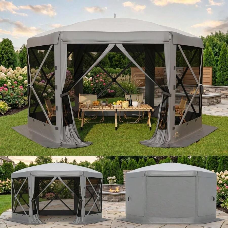 13x13 FT Hexagon Pop Up Outdoor Gazebo Tent, 6-Sided Outdoor Canopy With Mesh Panels & Removable Privacy Walls, Easy Setup For Camping, Backyard, Picnic - B - View 1