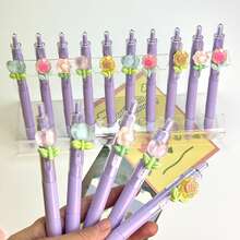 5pcs/Set Random Flower Tip Retractable Pens, 2sets/3sets Smooth Writing Ballpoint Pens, Suitable For Students, Exams, Office, Durable Stationery (Black) - Purple Flower Pen - View 4