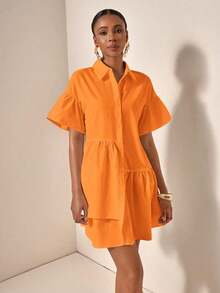 Vestido casual de verano suelto y simple con botones en la cintura - Naranja - Ver 6