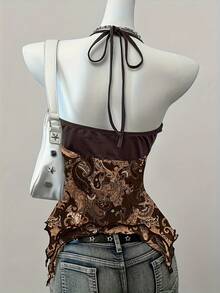 Local Shipping Y2K Vintage Brown Paisley Print Camisole For Women, Round Ring Decoration Irregular Hem Sweet Spicy Slim Fit Inner Wear, Spicy Street Festival Top - Cà phê nâu - Xem 4