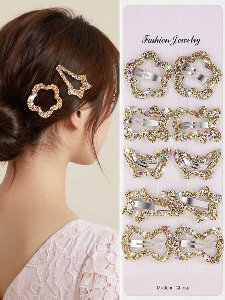 10件套女孩金色亮片花朵、蝴蝶、流星金属发夹,精致优雅的发饰,日常百搭 - 金色 - 查看 1