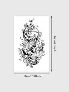 1pc New Chinese Style Fox & Peach Blossom Temporary Tattoo, Niche Elegant & Cool One-Time Use Tattoo Sticker - Black - View 7