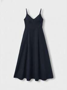 QUNGIGU Vestido de mujer elegante de longitud media con tirantes finos, falda de línea A con textura de lino y cuello en V, vestido de verano fluido y sin espalda para boda, fiesta de cóctel y playa - Azul Marino - Ver 6