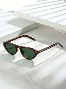 1 pieza Gafas decorativas con marco ovalado de color block, estilo minimalista casual, accesorio de moda versátil para mujer, adecuado para uso diario, fiestas, estilo callejero, verano, casual, negocios, citas, sesiones de fotos, al aire libre, Y2K - Montura de carey con forro verde - Ver 1