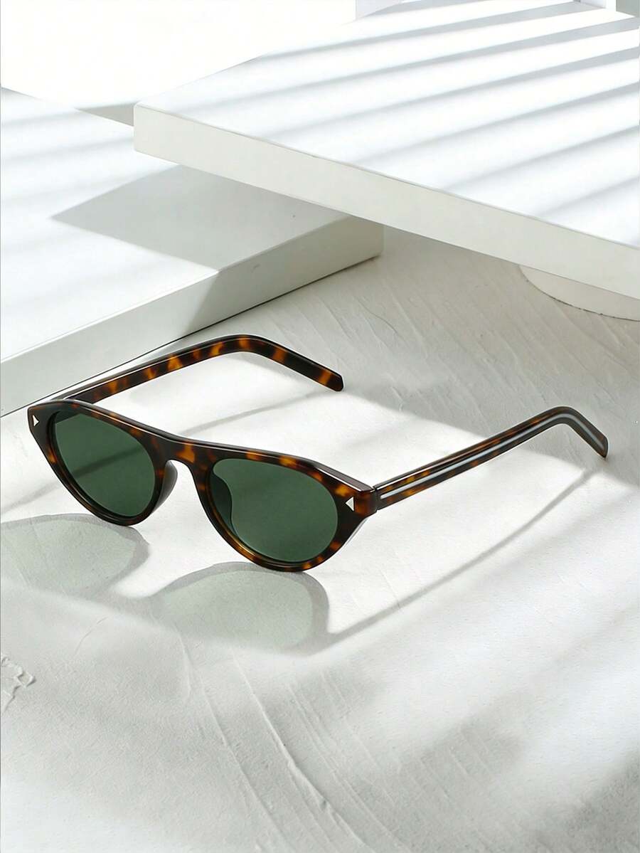 1 pieza Gafas decorativas con marco ovalado de color block, estilo minimalista casual, accesorio de moda versátil para mujer, adecuado para uso diario, fiestas, estilo callejero, verano, casual, negocios, citas, sesiones de fotos, al aire libre, Y2K - Montura de carey con forro verde - Ver 1