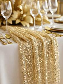 Gold Sequin Table Runner And Tablecloth Set - Shiny Gold Wedding, Party, Event Decor - Square Tablecloth With Tassel Trim (Fabric), Suitable For Dining Table Center Decor, Special Occasions - Multicolor - View 1