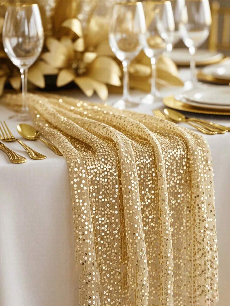 Gold Sequin Table Runner And Tablecloth Set - Shiny Gold Wedding, Party, Event Decor - Square Tablecloth With Tassel Trim (Fabric), Suitable For Dining Table Center Decor, Special Occasions - Multicolor - View 1