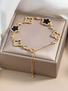1 Stück minimalistisches Glücksklee Armband, französisches hochwertiges Zirkonia Cut-Out Vier-Blatt Blumen Armband für Mädchen - Schwarz - Übersicht 3