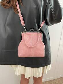 Bolsa Transversal de Couro Sintético Retrô para Mulheres, Bolsa Pequena de Estilo Vintage com Trava e Alça Ajustável, Bolsa Tote Leve de Cor Sólida com Forro de Poliéster, Unissex - Rosa chiclete - Visão 7