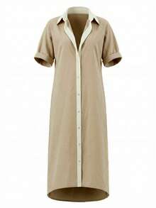 Vestido longo feminino elegante e casual, estilo camisa, vintage, solto, com abotoamento simples, ideal para férias na praia ou como roupa para o Dia das Mães no verão. - Caqui - Ver 6