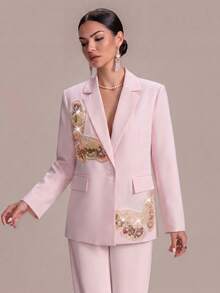 ASANDY Elegant Butterfly Embroidered Blazer For Women, Sequin & Beaded Light Pink Fitted Wrinkle-Resistant Versatile Lightweight Luxury Jacket, Suitable For Commuting, Party, All Body Types, Available In Full Size Range - Pink - View 11