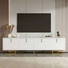 TV Unit, Low Sideboard With Textured Doors, TV Unit, Gold Handles And Legs. - White - View 3