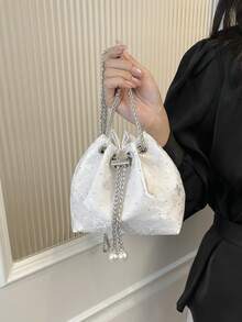 1pc Nylon Solid Color Drawstring Chain Pearl Decor Plush Pendant Accessory, Fashionable Rivet Crossbody Bag For Women - White - View 7