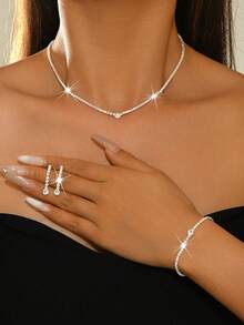 Set Perhiasan Pengantin Berkilau, Anting, Kalung, dan Gelang dengan Desain Minimalis, Cocok untuk Pernikahan, Pertunangan, Pantai, dan Pesta Liburan. - Perak - View 1