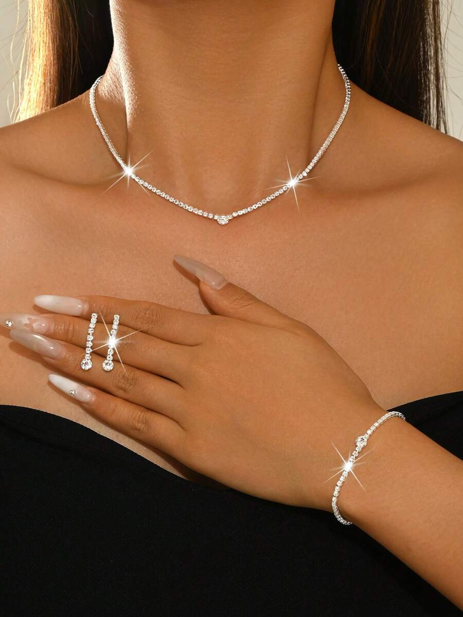 Set Perhiasan Pengantin Berkilau, Anting, Kalung, dan Gelang dengan Desain Minimalis, Cocok untuk Pernikahan, Pertunangan, Pantai, dan Pesta Liburan. - Perak - View 1