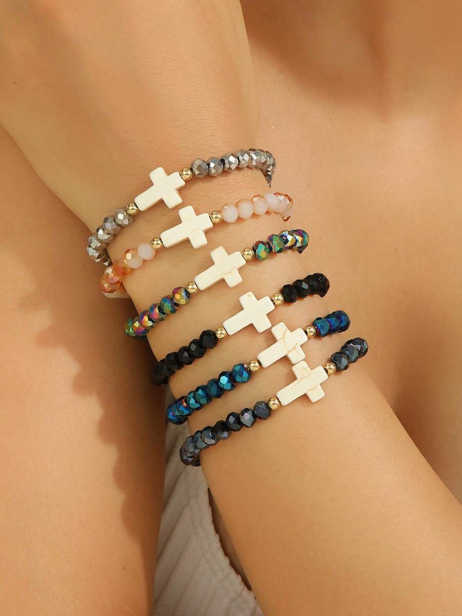 6pcs Fashion Turquoise Cross & Colorful Crystal Beaded Elastic Bracelet Set, Suitable For Women Daily Wear And Gift - Multicolor - View 1