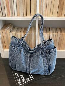 1 chiếc túi tote nữ kiểu dáng thường ngày, đeo một bên vai, chất liệu denim canvas, dung tích lớn, màu trơn, thiết kế nhiều ngăn, thời trang và đa năng, thích hợp cho các hoạt động ngoài trời, mua sắm, đi làm. - Xanh đậm - Xem 2