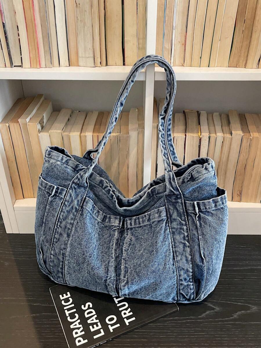 1 chiếc túi tote nữ kiểu dáng thường ngày, đeo một bên vai, chất liệu denim canvas, dung tích lớn, màu trơn, thiết kế nhiều ngăn, thời trang và đa năng, thích hợp cho các hoạt động ngoài trời, mua sắm, đi làm.