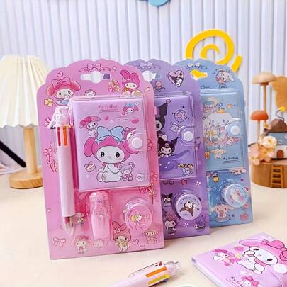  1pc SANRIO Stationery Set - 6 Color Ballpoint Pens, Mini Notebook, Colored Pens, Tape - Notebook Set - One Of The Best Gifts For Christmas, Halloween, Parties And Birthdays, Party Favors, School Supplies