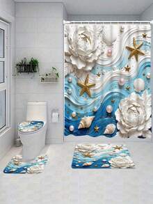 1/4pcs 3D Wave & Starfish Shower Curtain Set, Bathroom Curtains With Carpet, Shell & Pearl Decor, Bathroom Set Includes Shower Curtain And Rug, White Floral Shower Curtain For Toilet Lid - A - View 18