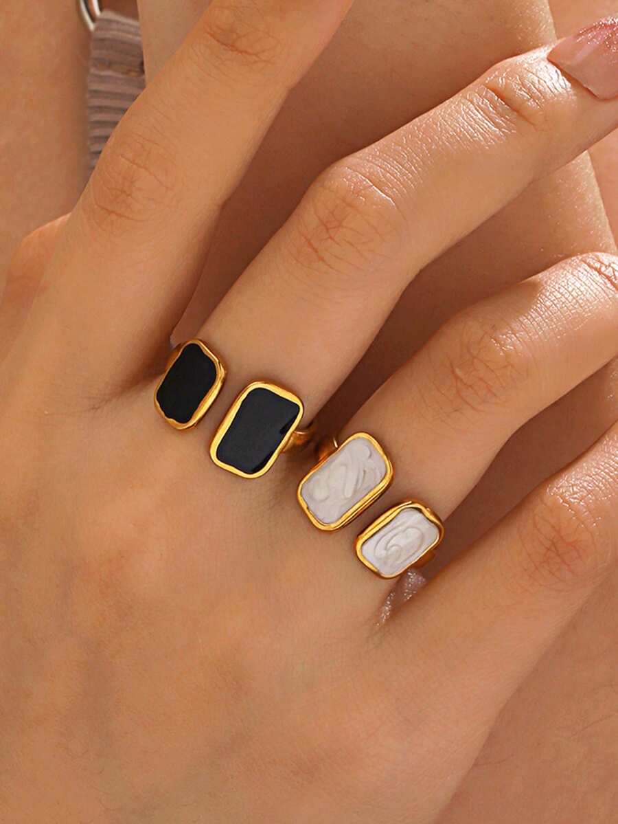 1pc Stainless Steel 18K Gold Plated Personalized Hip-Hop Black & White Drip Oil Geometric Ring, Suitable For Women's Daily Wear And Party - Multicolor - View 1