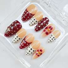Nailposh 10 PCS Handmade Medium Almond Press-On Nails | Nude & Burgundy Polka Dot French With Floral Accents - 酒紅色 - 查看 5