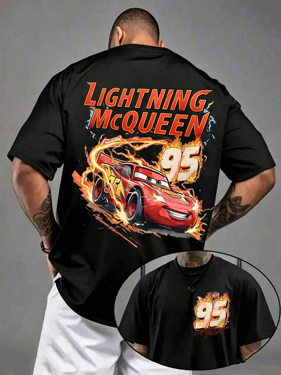 95 Lightning McQueen Flame Race Car Tee, Disney Cars Movie Graphic Men Short Sleeve Shirt, Vintage Racing Casual Top - màu đen - Xem 1
