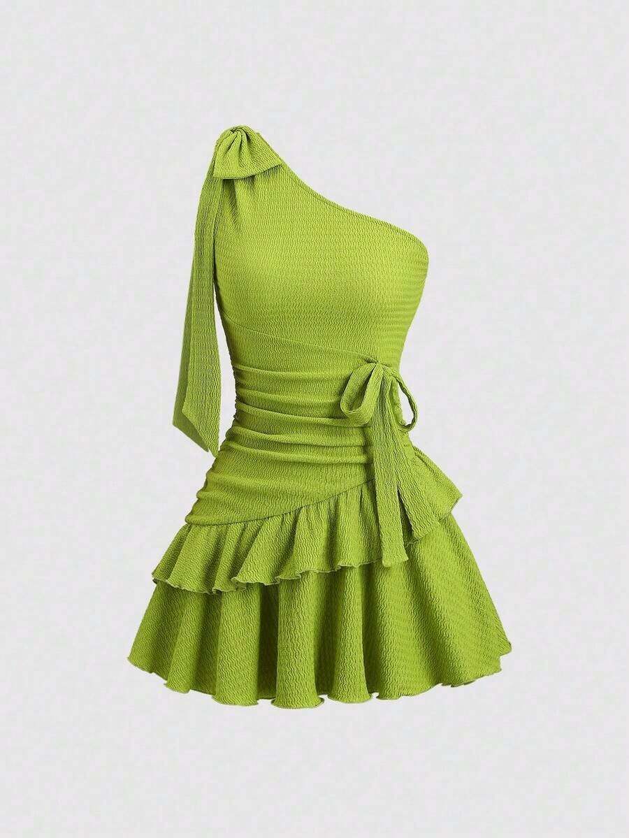 Vestido de gasa plisado con hombro asimétrico y textura, estilo vacacional Y2K sexy - Verde - Ver 1