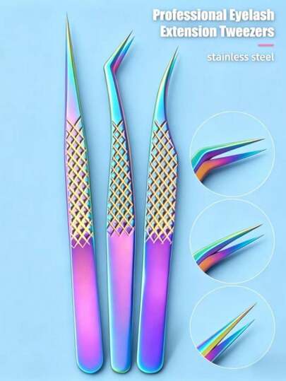Set de 3 pinzas para extensiones de pestañas de titanio - Pinzas curvas, rectas y de delfín de alta precisión. Herramientas profesionales para extensión de pestañas para un agarre , manejo cómodo, adecuadas para uso en el hogar y en el salón. Incluye caja de almacenamiento, bordes suaves para evitar dañar las pestañas.