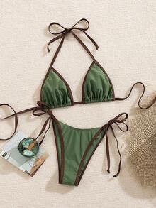 Bộ bikini buộc dây cổ gợi cảm phối màu tương phản dành cho nữ, đồ bơi thời trang và thoải mái cho kỳ nghỉ hè trên bãi biển. - Màu xanh lá cây đậm - Xem 3