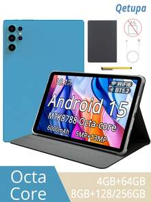Qetupa 10.1 吋 Android 15 平板電腦，附保護殼與觸控筆，MTK8788 八核心 2.0GHz 處理器，4GB RAM + 64GB ROM 或 8GB RAM + 128GB/256GB ROM (可擴充至 1TB SD 卡)，HD (1280x800) IPS 觸控螢幕，5MP 前置鏡頭與 13MP 後置鏡頭，6000mAh 電池，支援 802.11ax Wi-Fi 6、藍牙 5.2、GPS、Type-C 充電埠 (不含適配器) - 藍色 - 查看 1